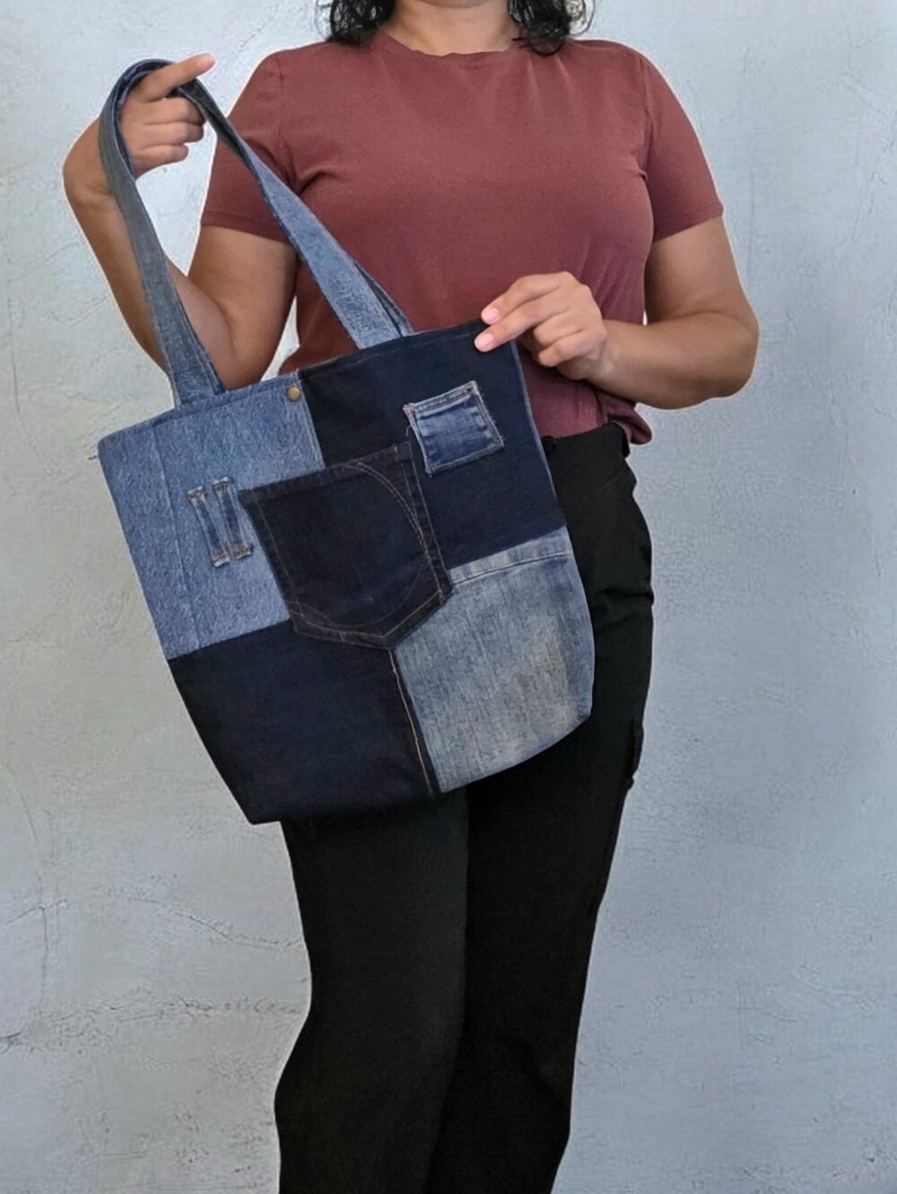 Denim Patchwork Tote Bag - Blue